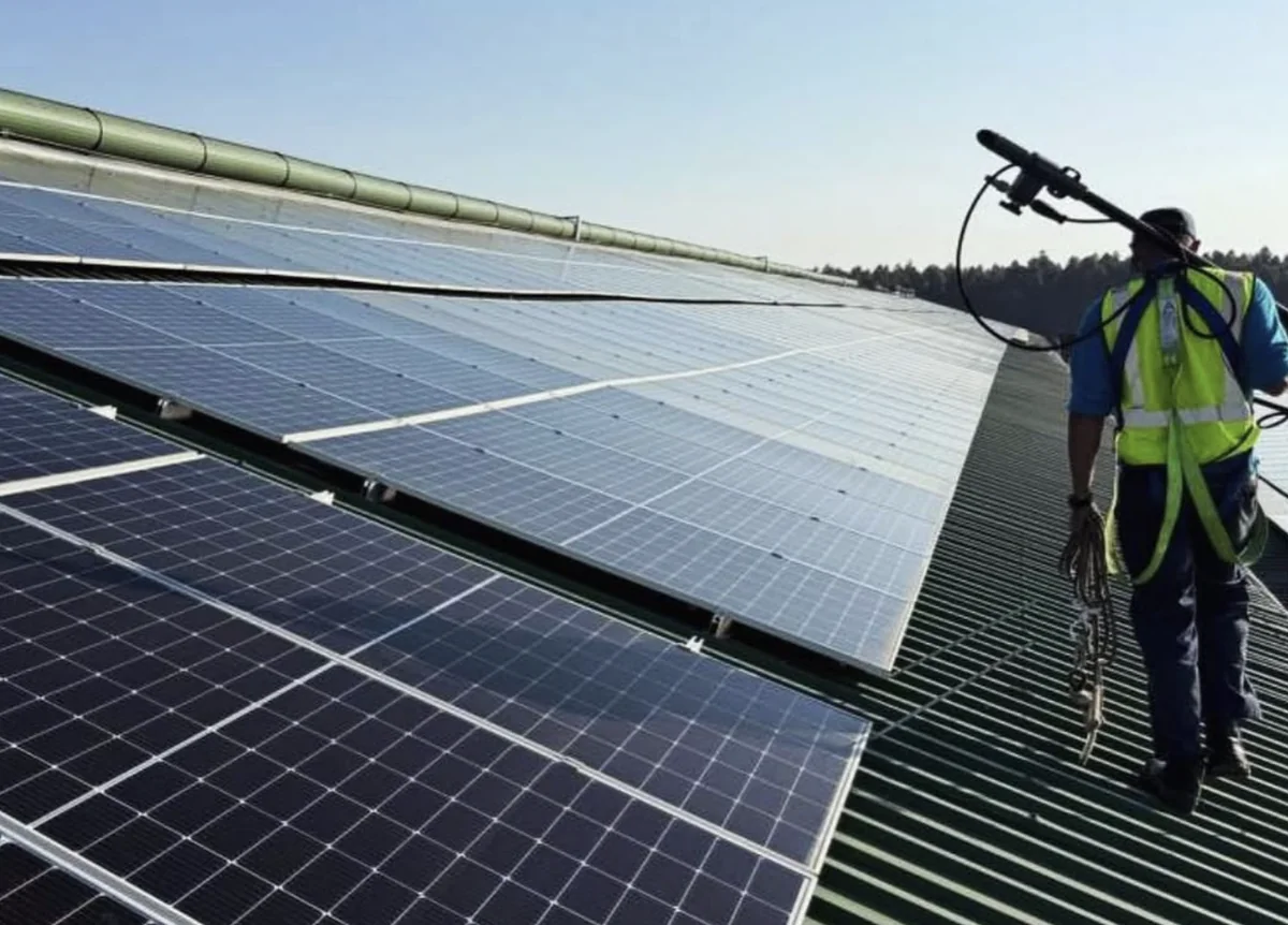 Technician cleaning rooftop solar panels at PG Bison Piet Retief
