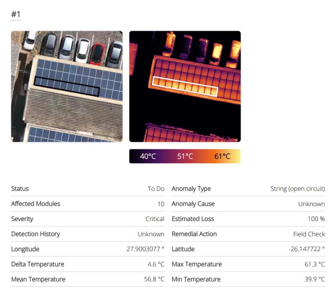 SiteMark report screenshot, fault detail with severity classification